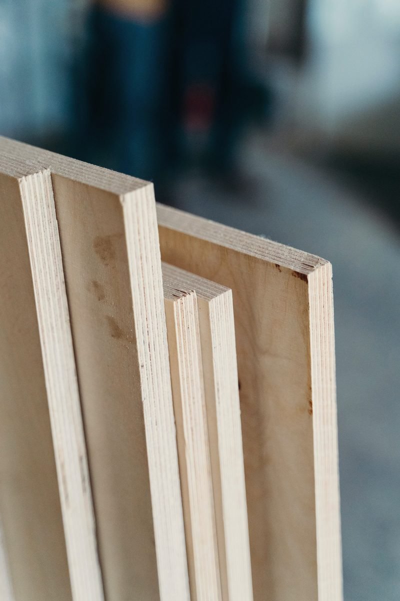 Sheet goods standing on edge, showing the laminated plies.