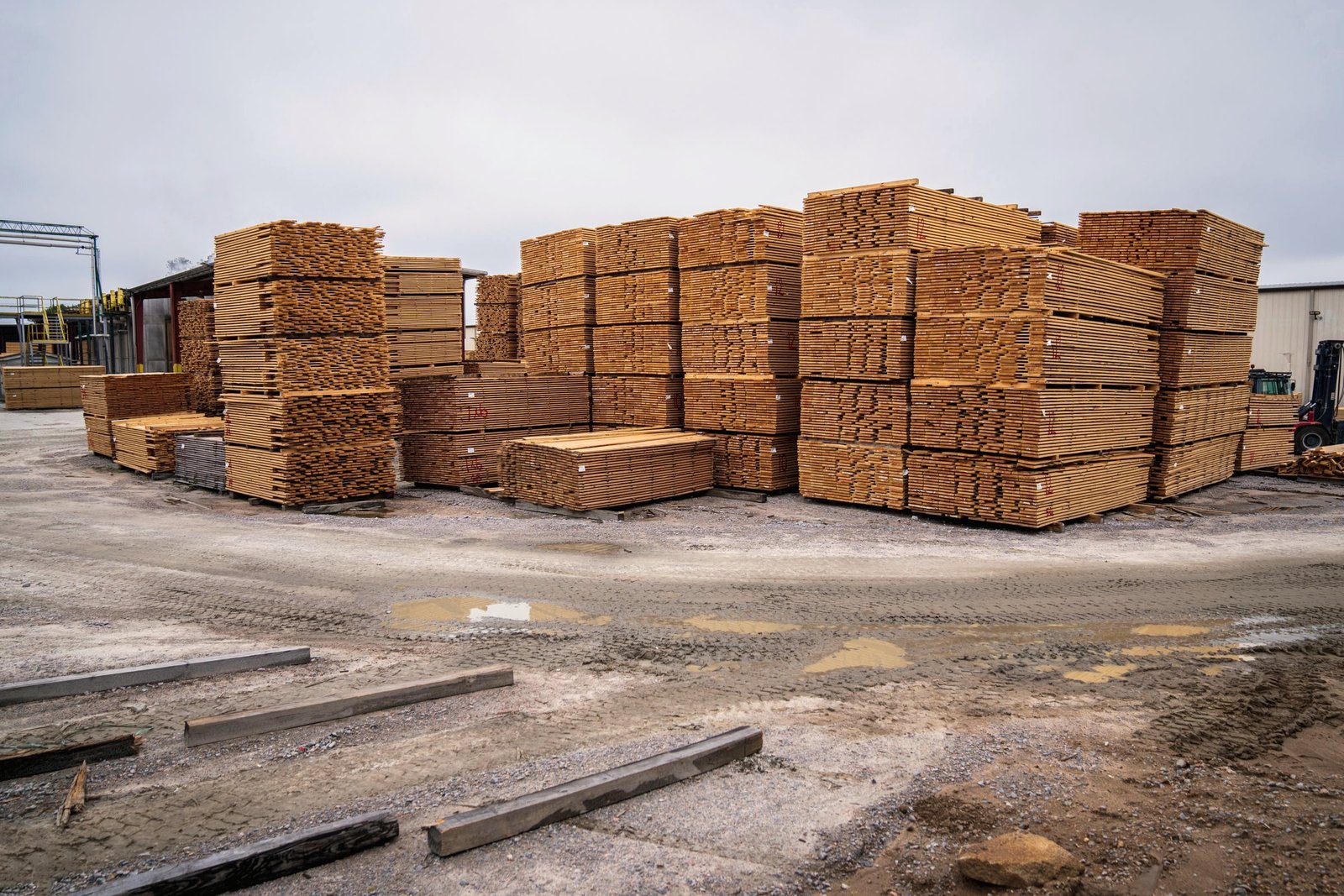Banded units of dimensional lumber stacked across an open yard under a grey sky.
